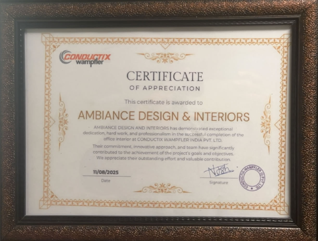 Conductix Wampfler - Certification of Appreciation to Ambience Design & Interiors