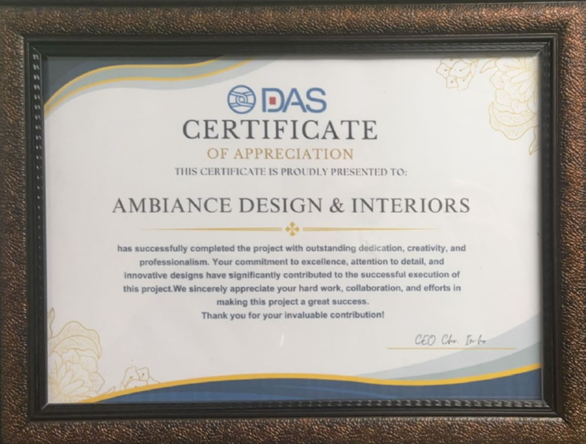 DAS - Certification of Appreciation to Ambience Design & Interiors