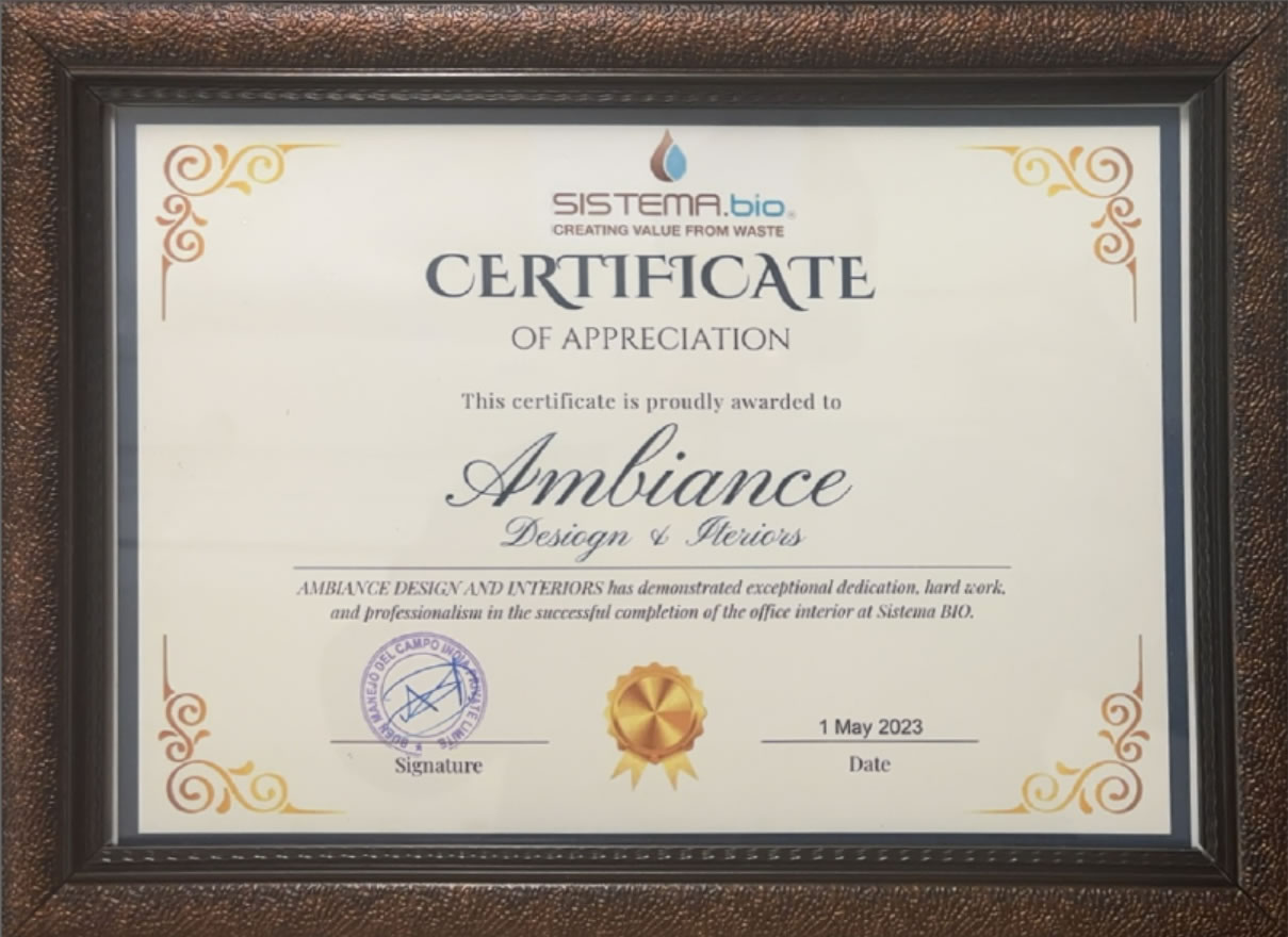 Systema.bio - Certification of Appreciation to Ambience Design & Interiors